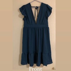 SHEIN Blue Ruffled Tiered Midi Dress with Plunge Neckline part open back